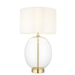 Nera 1 Light E27 Satin Brass & Ova Clearl Glass Table Lamp With 3 Stage Touch Dimmer Switch C/W Vintage White Fabric Shade