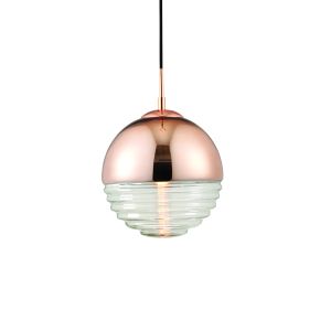 Paloma 1 Light E14 Copper Plated With Clear Ribbed Spherical Glass Shade Adjustable Ceiling Pendant