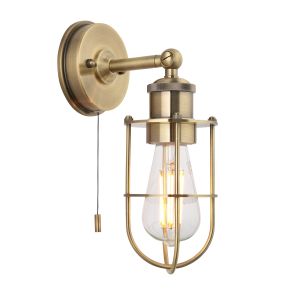 Piero 1 Light E27 Antique Brass IP44 Bathroom Caged Wall Light With Pull Cord Switch