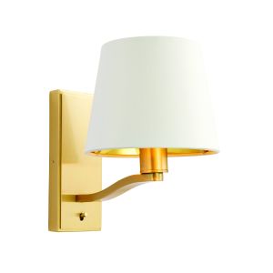 Harvey 1 Light E14 Brushed Gold Switched Wall Light C/W Faux Silk Vintage White Fabric Shade