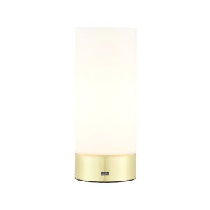 Dara 1 Light E14 Brushed Brass 3 Stage Touch Single Table Lamp With USB Port C/W Opal Glass
