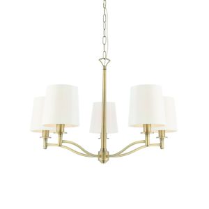 Ortona 5 Light E14 Matt Antique Brass Adjustable Pendant C/W Vintage White Fabric Shades