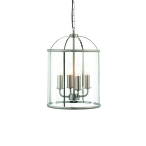 Lambeth 4 Light Satin Nickel Adjustable Pendant With Clear Glass Panes