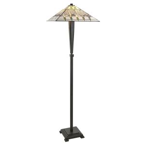 Mission 2 Light E27 Dark Bronze Floor Lamp With Inline Foot Switch C/W Art Deco Square Tiffany Shade