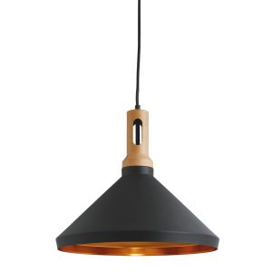 Pendant, 1 Light Cone, Gold Inner, Black Outer, Wood Effect Cap