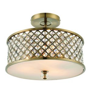 Hudson 3 Light E27 Antique Brass Semi Flush Ceiling Fitting With K9 Crystal Beads & Opal Diffuser