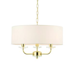 Nixon 3 Light E14 Polished Brass Adjustable Pendant With A Touch Of Crystal C/W Vintage White Faux Silk Shade
