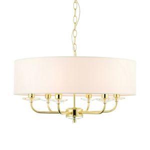 Nixon 6 Light E14 Polished Brass Adjustable Pendant With A Touch Of Crystal C/W Vintage White Faux Silk Shade