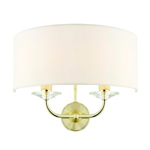 Nixon 2 Light E14 Polished Brass Wall Light With A Touch Of Crystal C/W Vintage White Faux Silk Shade