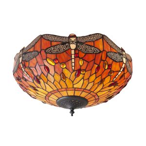 Dragonfly 2 Light E27 Dark Bronze Medium Flush Fitting C/W Vibrant Oranges & Reds Tiffany Shade