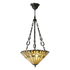 Jamelisbon 3 Light E27 Dark Bronze Medium Inverted Pendant C/W Amber Beads Tiffany Shade