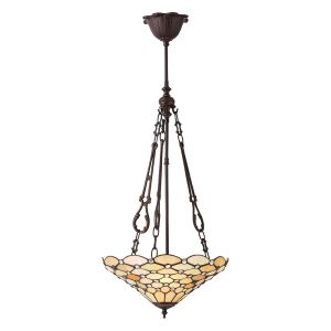 Pearl 3 Light E27 Dark Bronze Medium Inverted Pendant C/W Geometric Design Tiffany Shade