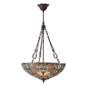 Anderson 3 Light E27 Dark Bronze Large Inverted Pendant C/W Brightly Coloured Tiffany Shade