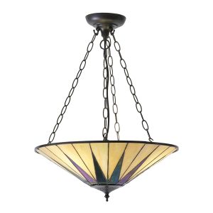 Dark Star 3 Light E27 Dark Bronze Medium Adjustable Inverted Pendant C/W Tiffany Shade & Iridised Glass Inserts