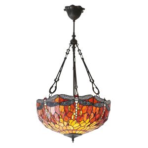 Dragonfly 3 Light E27 Dark Bronze Large Inverted Pendant C/W Vibrant Oranges & Reds Tiffany Shade