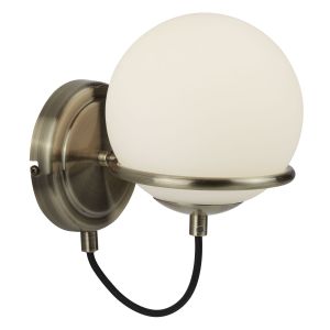 Sphere 1 Light Wall Bracket, Antique Brass, Black Braided Cable, Opal White Glass Shades