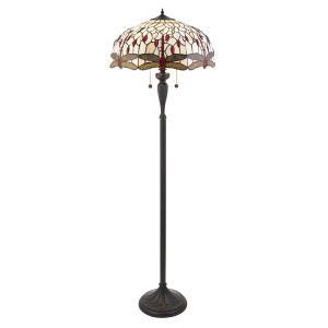 Dragonfly 2 Light E27 Dark Bronze Floor Lamp With Lampholder Pull Cord Switch C/W Beige Tiffany Shade