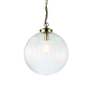 Brydon 1 Light E27 Antique Brass Adjustable Pendant With A Ribbed Round 350mm Glass Shade