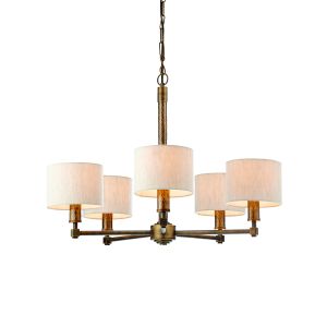 Indara 5 Light E14 Hammered Aged Bronze Adjustable Ceiling Pendant C/W Natural Linen Fabric Shades
