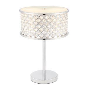 Hudson 2 Light E14 Polished Chromes Table Lamp With Inline Switch, K9 Crystal Beads & Opal Diffuser
