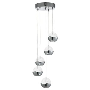 Dimmable Ice Ball 5 Light LED Ceiling Multi-Drop, Chrome, Clear Glass/Bubble Shades