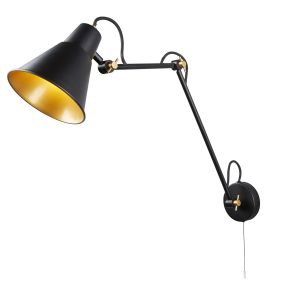 Rond 1 Light E27 Matt Black With Gold Inner Shade, Adjustable Swing Arm Wall Light With Pullcord Switch