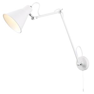 Rond 1 Light E27 Matt White Shade, Adjustable Swing Arm Wall Light With Pullcord Switch