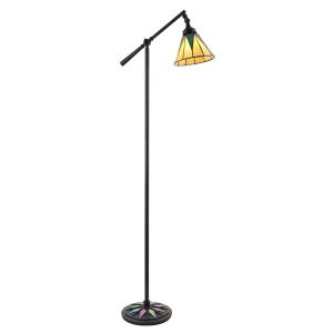 Dark Star 1 Light E14 Black Task Floor Lamp With Inline Switch C/W Tiffany Shade & Iridised Glass Inserts