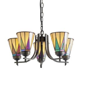 Dark Star 5 Light E14 Dark Bronze Adjustable Pendant C/W Tiffany Shades & Iridised Glass Inserts