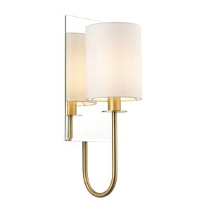 Chao 1 Light E14 Satin Brass Wall Light With Vintage White Fabric Shade With Mirrored Back Plate