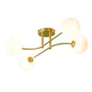 Otto 4 Light G9 Brushed Brass Semi Flush Ceiling Light With Gloss Opal Glass Shades