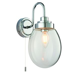 Hampton 1 Light E14 Polished Chrome IP44 Bathroom Wall Light Wil Pul Cord Switch C/W Clear Glass Shade