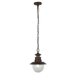 Station 1 Light Outdoor IP44 Pendant Light In Rustic Brown With Clear Acrylic Globe