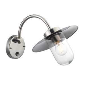 Lincoln 1 Light E27 Polished Stainless Steel IP44 Outdoor Wall Light With PIR & Clear Glass Shade