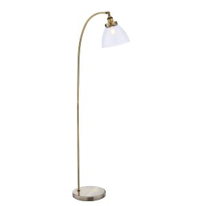 Hansen 1 Light E27 Antique Brass Adjustable Floor Lamp With Inline Foot Switch C/W Clear Glass Shade