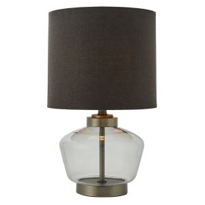 Zen 1 Light E27 Smokey Grey Tinted Glass Table Lamp With Aged Pewter Plated Finish C/W Faux Linen Dark Charcoal Shade