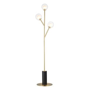 Duri 3 Light G9 Satin Brass Floor Lamp With Clear Ribbed & Frosted Glass Globe Shades With Inline Foot Switch