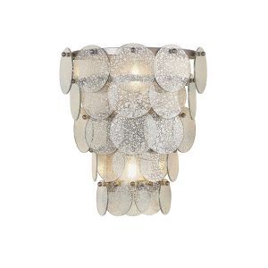 Doblo 2 Light E14 Antique Silver Tiered Wall Light With Mercury Glass Ornate Suspended Discs