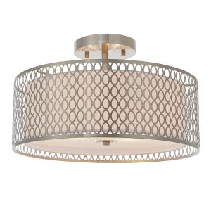 Cordero 3 Light E27 Satin Nickel Flush Pendant With White Fabric Inner Shade & Frosted Glass Diffuser