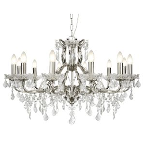 Paris 12 Light Chandelier, Clear Crystal Drops & Trim, Satin Silver