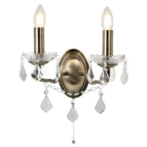 Paris 2 Light Wall Bracket, Clear Crystal Drops & Trim, Antique Brass