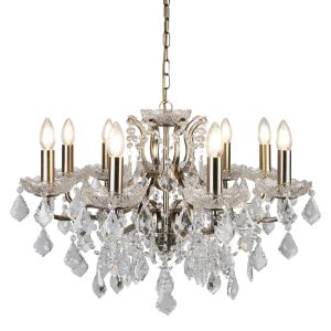 Paris 8 Light Chandelier, Clear Crystal Drops & Trim, Antique Brass