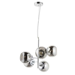 Blooma 5 Light E14 Polished Chrome Pendant With Striking Grey Lustre Glass Shades With Clear Ribbed Glass Centre Tube
