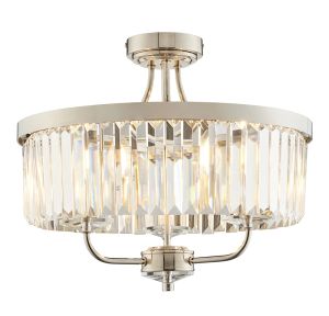 Ovel 3 Light E14 Bright Nickel Semi Flush Fitting With Decorative Clear Cut Faceted Glass
