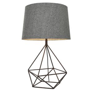 Apollo 1 Light E27 Aged Copper Geometric Style Table Lamp With Grey Fabric Shade