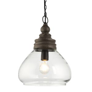 Kerala 1 Light E27 Taupe Grey Distressed Wood Pendant With Clear Glass Shade