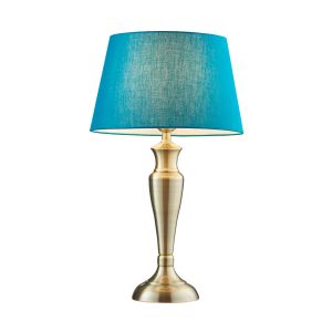 Oslo Large 1 Light E27 Antique Brass Table Lamp C/W Evie 14" Green Cotton Tapered Shade