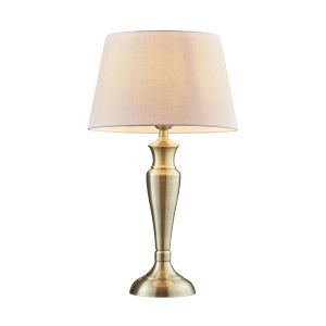 Oslo Large 1 Light E27 Antique Brass Table Lamp C/W Evie 14" Pink Cotton Tapered Shade