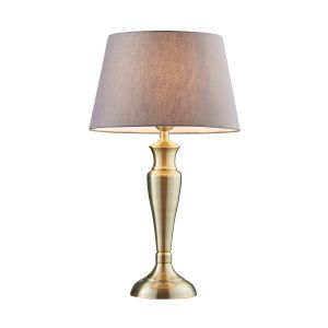 Oslo Large 1 Light E27 Antique Brass Table Lamp C/W Evie 14" Charcoal Cotton Tapered Shade