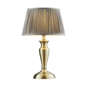 Oslo Medium 1 Light E27 Antique Brass Table Lamp C/W Freya 12" Charcoal Grey Silk Pleated Shade